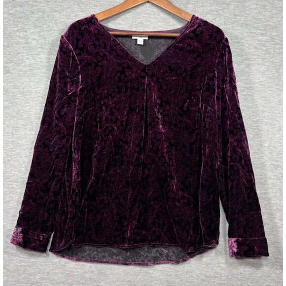 J Jill Womens M Top Purple Floral Velvet V-Neck Blouse - Picture 1 of 6